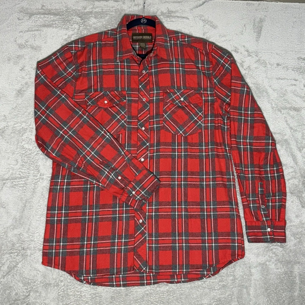 Outdoor Casuals‎ Men's Plaid Flannel Shirt Red Gray White Size XL